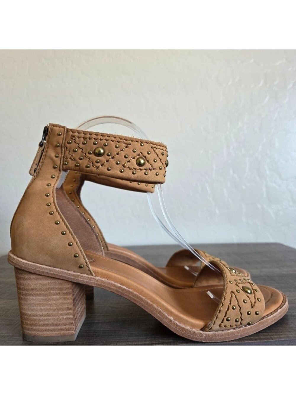 Frye Brielle Deco Studded Leather Sandals Tan 8 Ankle Strap Back Zip Block Heel